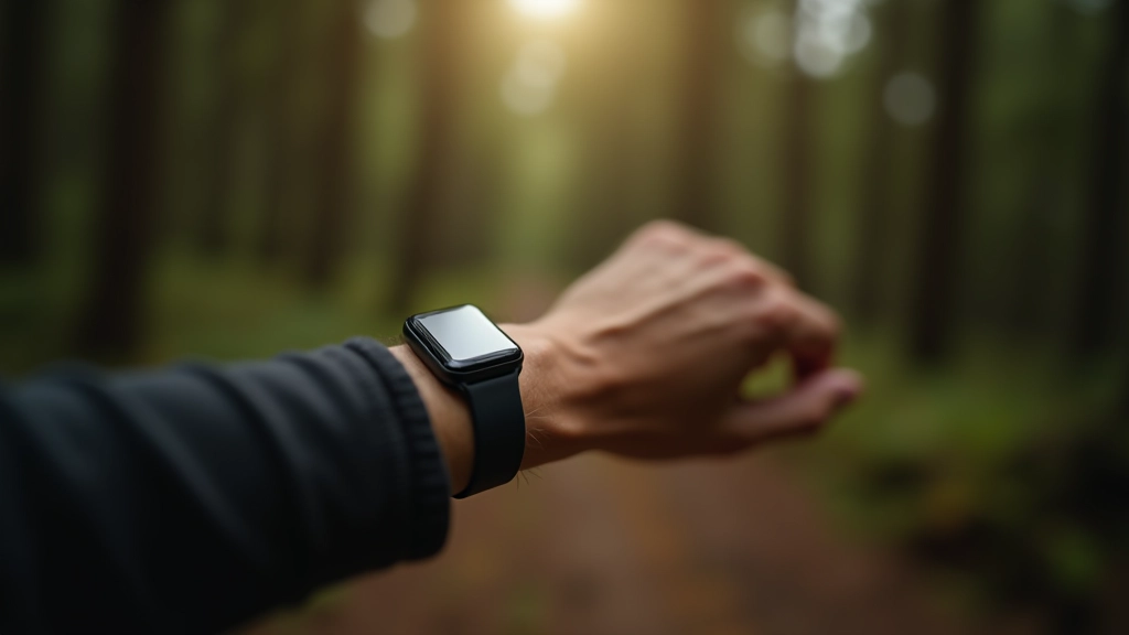 Moters rankos su smartwatch laikrodžiu ir palankus oras pušynuose, grazus gamtos fone